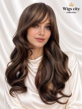 21  Human Hair Blend Wig Natural Ash Brown Blonde Balayage Bangs Heat Resistant
