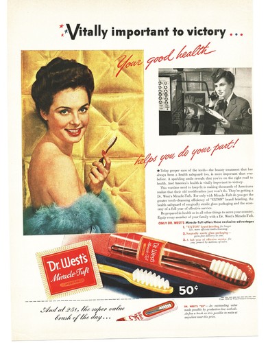 1943 Dr Wests Miracle Tuft WW2 Print Ad Pretty Military Switchboard Operator