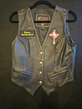 Xpert Leather Vest Womens  Black Genuine Real Biker Motorcycle Size M W/Patches 