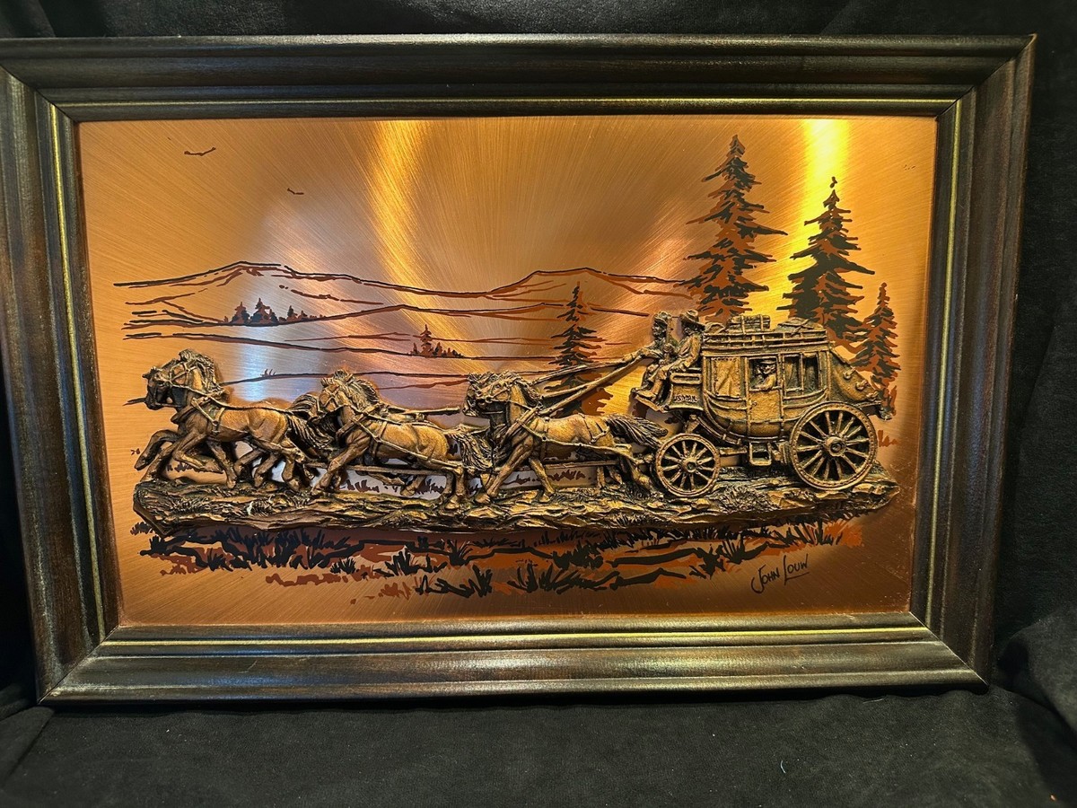 John Louw Framed 3D Copper Resin US Mail 6 Horse Stagecoach Copper