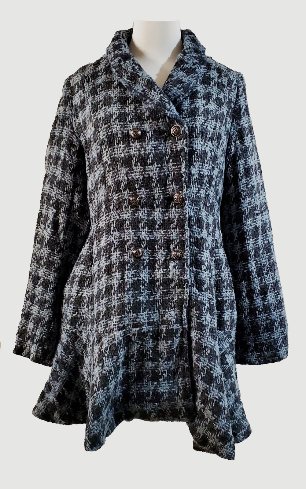 Grey Patterned Collared Double Breasted Flared He… - image 1