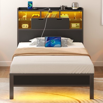 Rolanstar Twin Bed Frame with Headboard, LED Bed with Bookcase Storage Noise-Fre