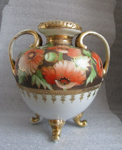 Antique NIPPON SIGNED Hand Painted Poppy or Anemones Beaded Gilt Slip Work Vase