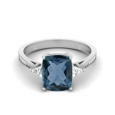 925 Sterling Silver Cushion London Blue Topaz Three Stone Women Promise Ring
