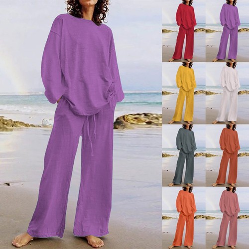 Women 2 Piece Outfits Set Long Sleeve Oversized Shirts Tops Straight Leg Pants