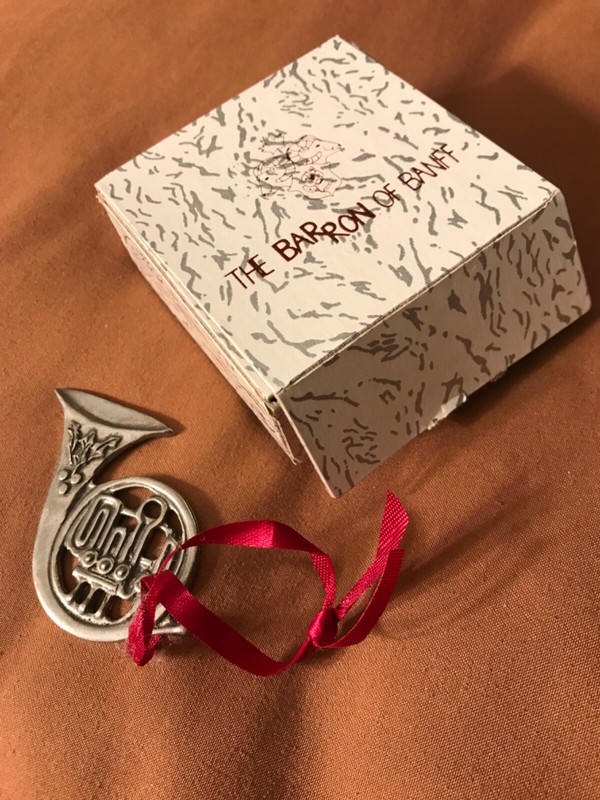 Open box The Barron Of Banff Metal French Horn Christmas Ornament