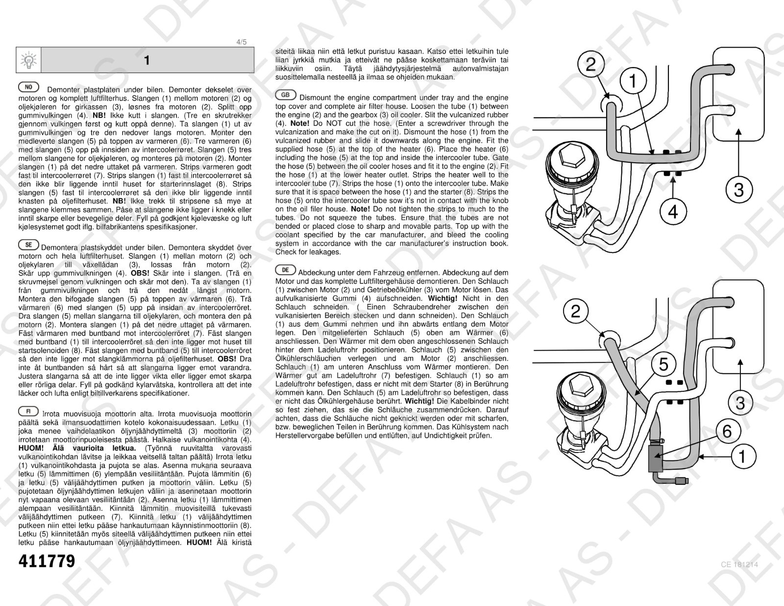 Engine Coolant Heater Element DEFA 411779 for AUDI VW SEAT SKODA TDI