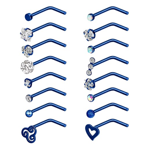 16Pcs Curved Nose Stud Surgical Steel Nose Ring Crystal L Bend Stud Piercing 20G - Picture 4 of 31