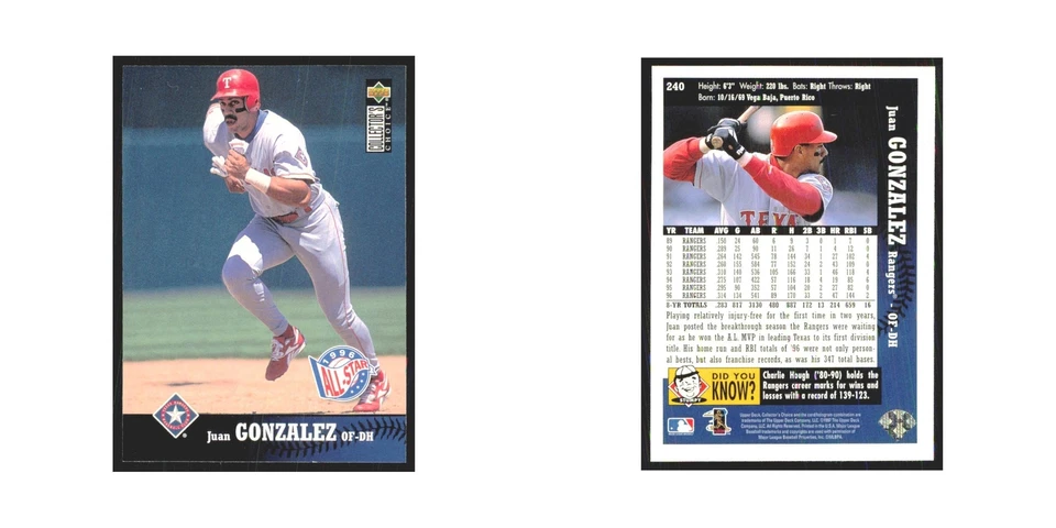 1997 Upper Deck Collectors Choice Juan Gonzalez Rangers #240 - Image 3 of 3