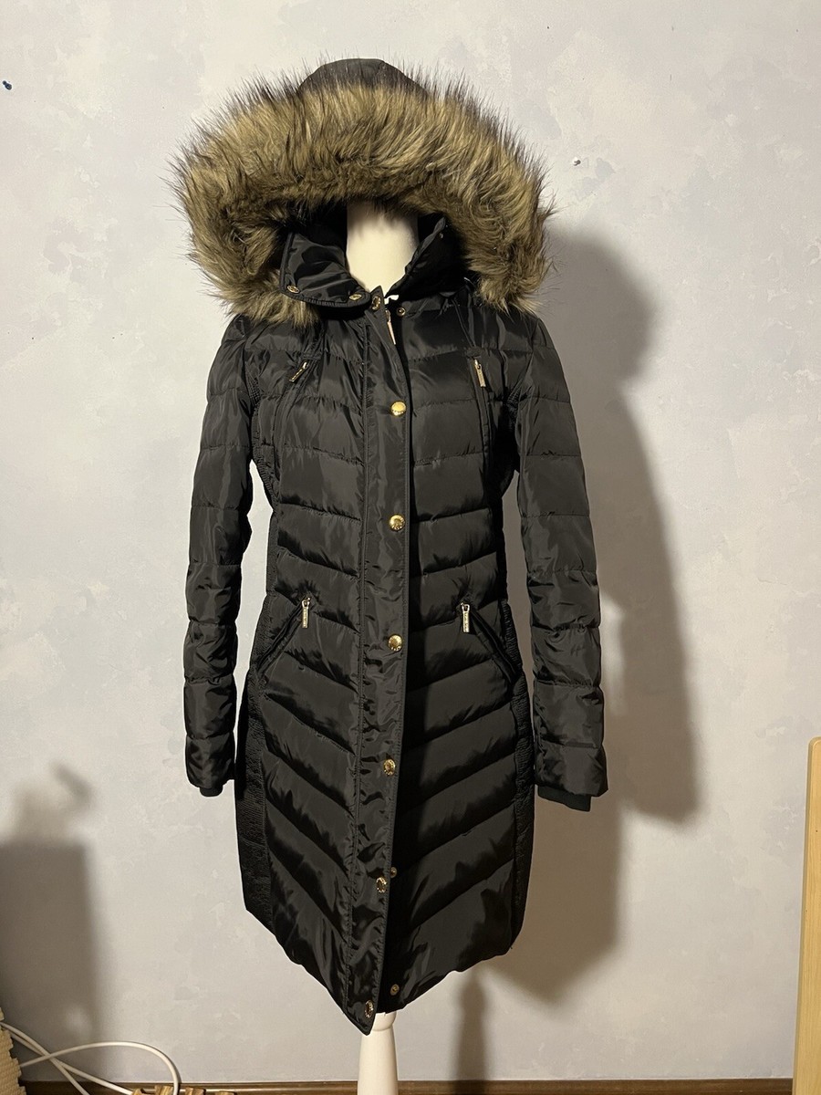 MICHEAL MICHEAL KORS ファージャケット　　archive Michael Michael Kors Black Chevron Faux Fur Trim Hooded Down