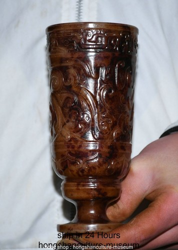 6.4" Old Chinese Jade Gilt Carving Dynasty Palace Pixiu Dragon Beast wine glass - Picture 4 of 9