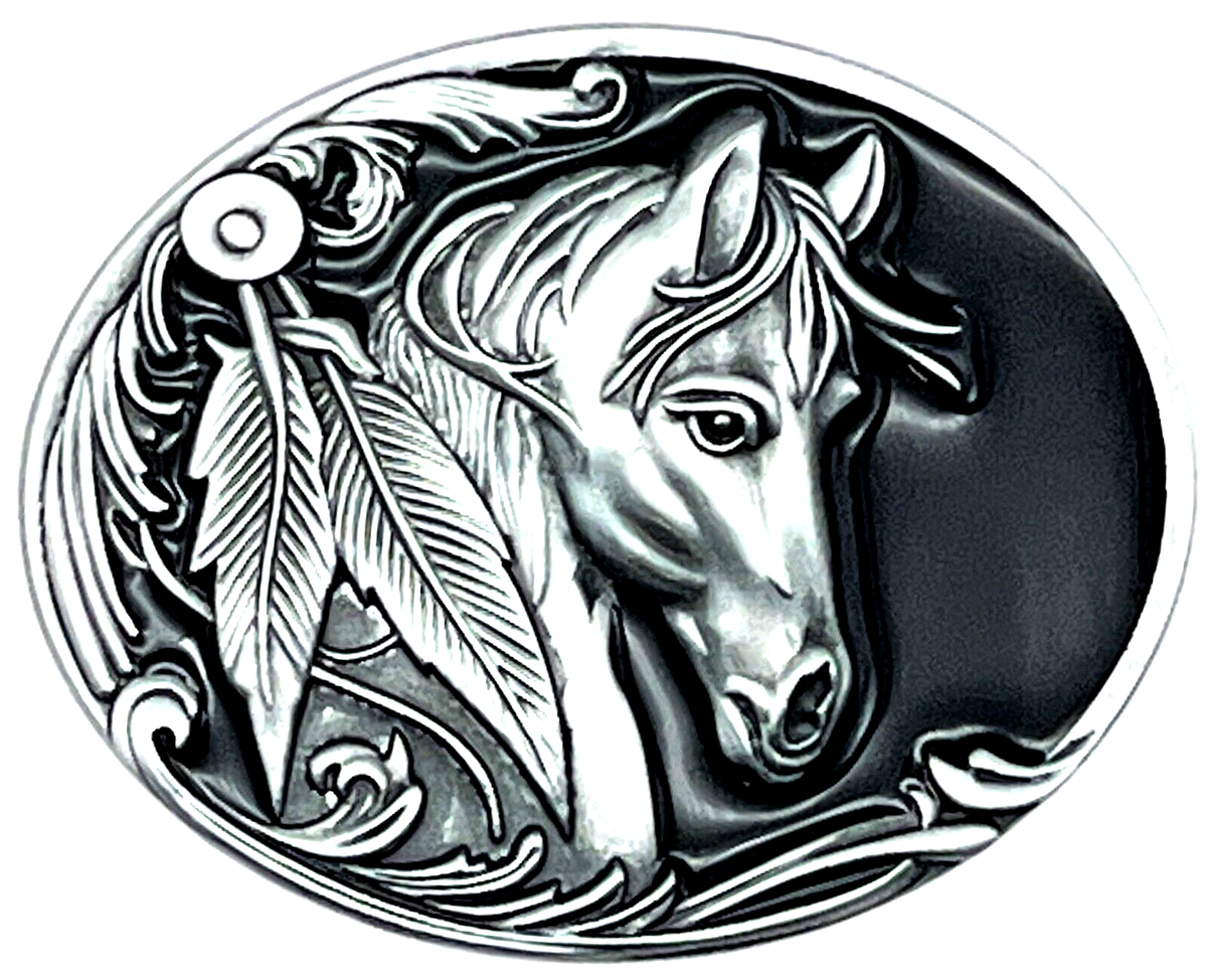 Western Horse Feathers Rodeo Black Enameled Belt Buckle New  display picture 2
