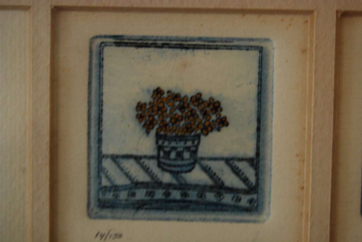 VTG FRAMED 3 MINIATURE SIGNED SARAH RISHEL COLORED ETCHING POTTED