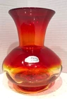 VTG BLENKO AMBERINA 6" ART GLASS VASE, OROG GOLD FOIL HAND LABEL MCM