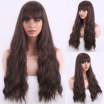 Women's Wig Long Brown Curly Wig Ladies Synthetis Party Hair Full Wig+Wig Cap