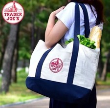 Trader Joe  s Canvas Tote Bag Large New Essential Reusable White and Navy Blue
