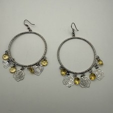 Large Silver Tone Hoop Earrings w/ Yellow Crystal Dangles Rose Butterfly Charm