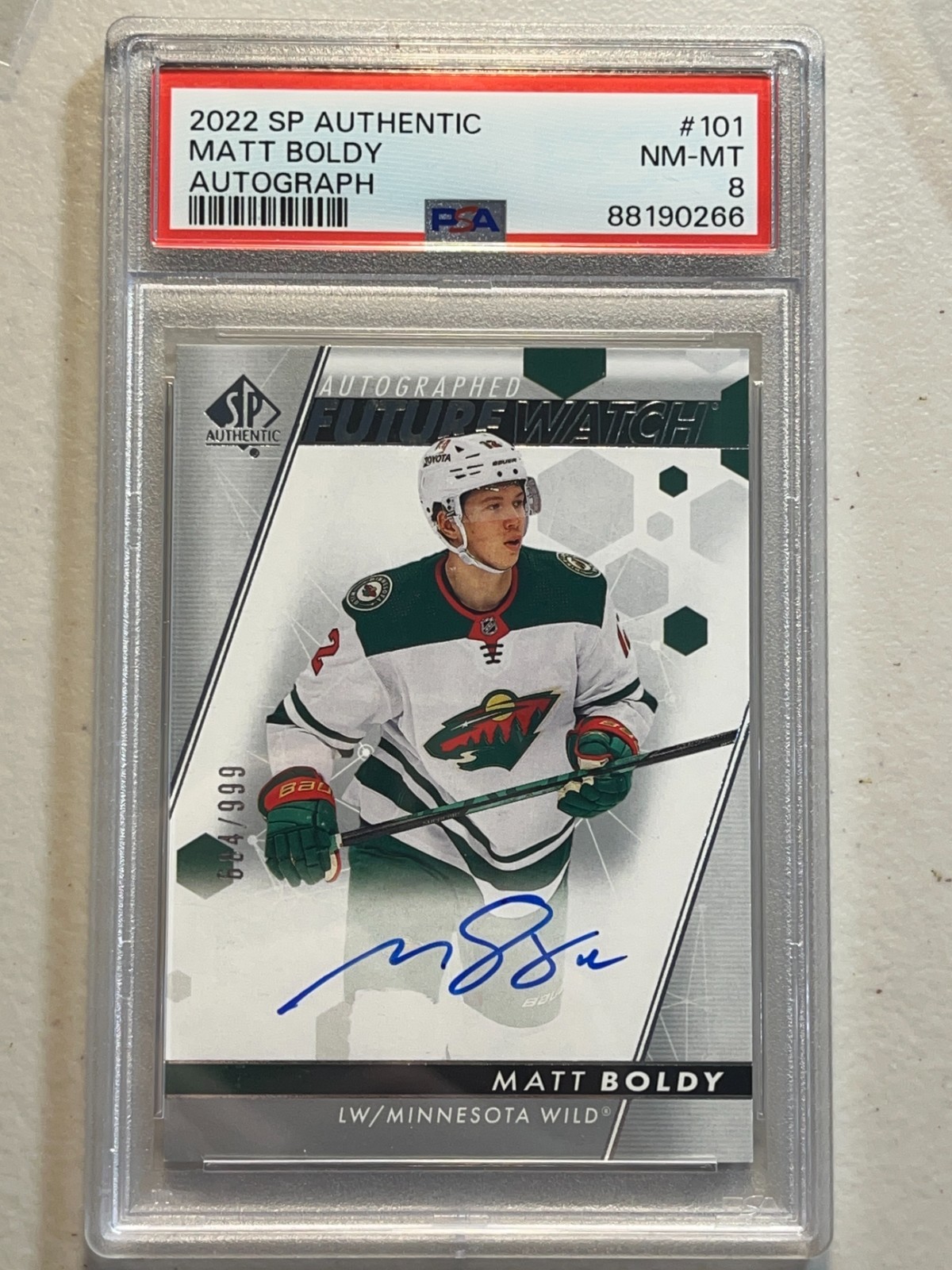 Matt Boldy PSA 8 2022-23 Upper Deck SP Authentic /999 Future Watch RC Auto #101 view 3