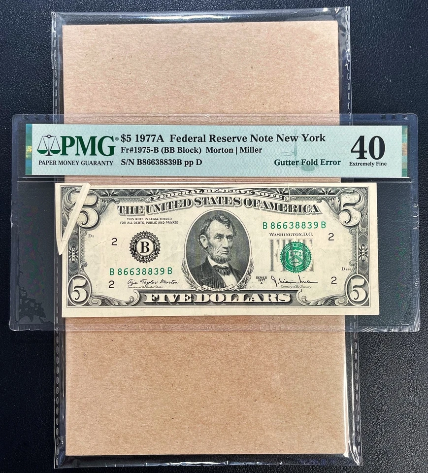 Fr. 1975-B 1977A $5 FRN NY "GUTTER FOLD ERROR" PMG 40 - XF - Image 2 of 3