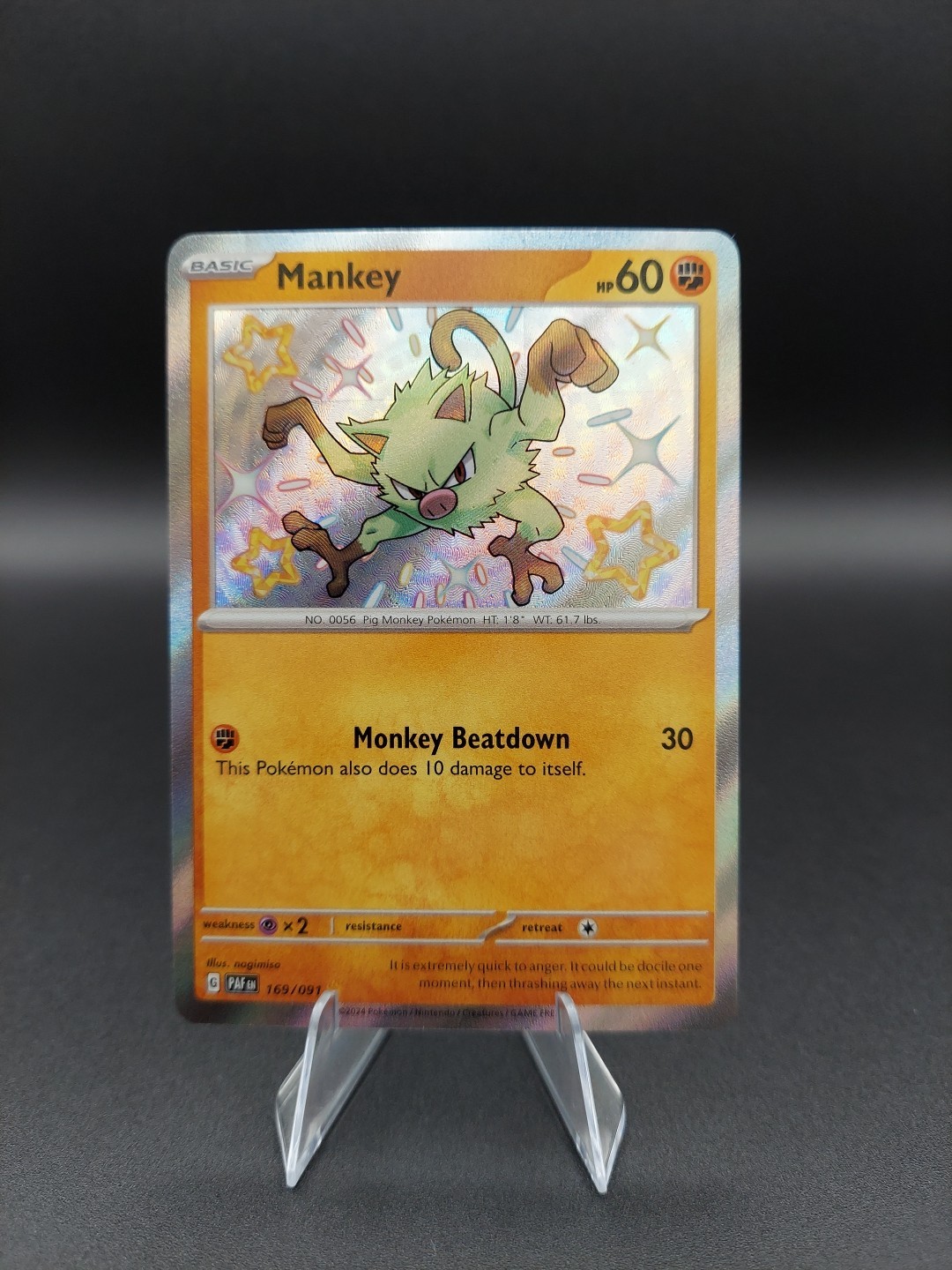 Pokemon 2024 Mankey #169/091 SV Paldean Fates Shiny Holo Rare Mint Condition