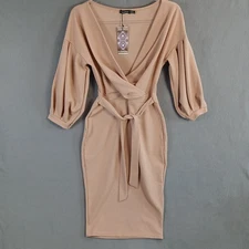Boohoo Women's Off The Shoulder Wrap Midi Dress Size 8 Stone Beige NWT