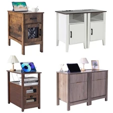 Farmhouse End Table Night Stand with USB Outlets LED Light White/Gray/Brown