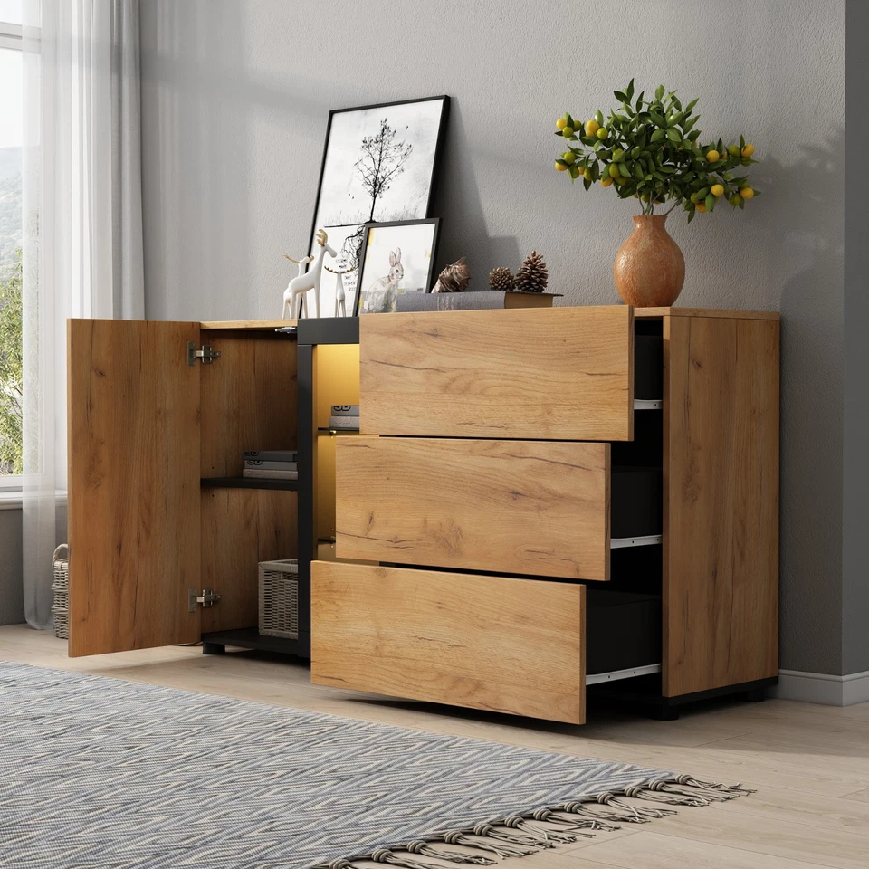 Kommode Sideboard Anrichte mit 3 Schubladen LED Licht Beistellschrank Holzmuster - Bild 4 von 4