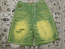 Vintage 90s AKADEMIKS 32 Green Baggy Denim Skater Shorts Hong Kong Streetwear