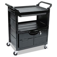 Rubbermaid Commercial 345700BLA 2 Shelf Utility Cart w/ Locking Doors - BLK New