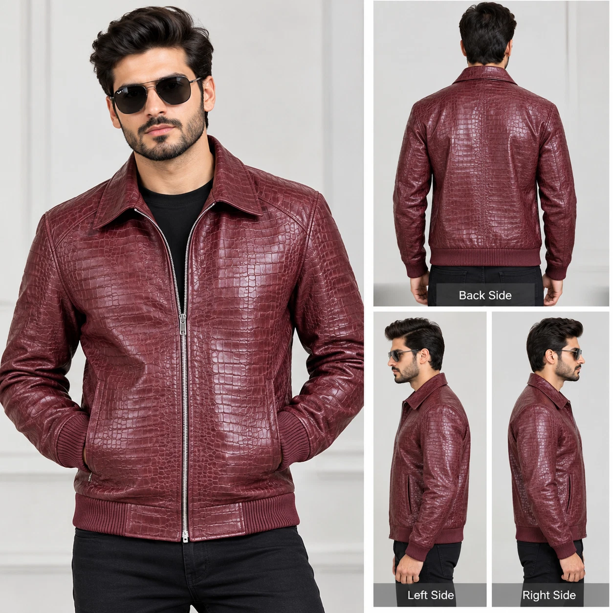 Men’s Burgundy Crocodile Embossed Genuine Leather Bomber Jacket - product detail image 3