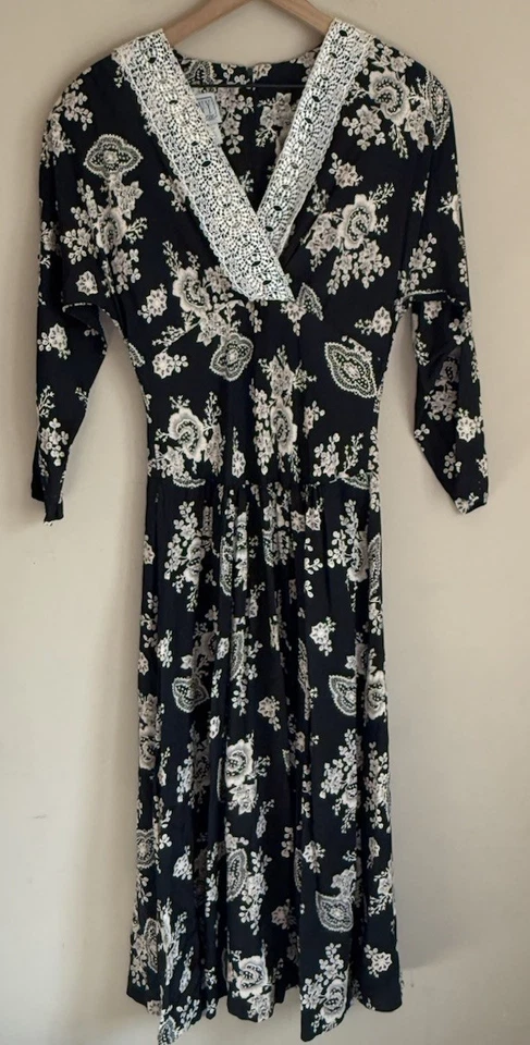 Vestido Vintage Años 90 Y2K Estampado Rayón Encaje Hiedra Impresiones Mujer Talla 8 10 Foto 2 de 4