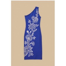 FARM Rio Porcelain Garden Blue Knit Midi One Shoulder Dress Size M New