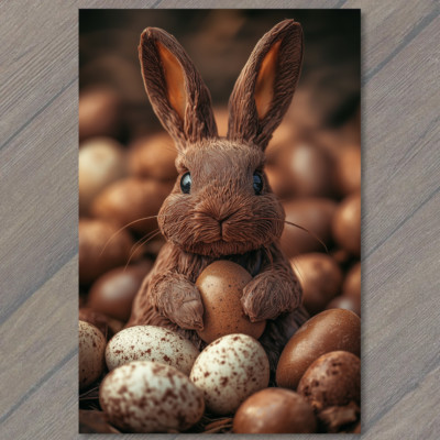 Art Print Cute Chocolate Rabbit With Blue Eyes Among Festive Easter Candy Eggs
