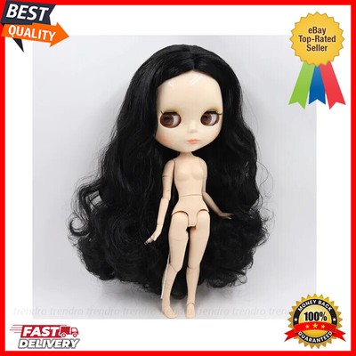BJD 12'' Blythe Doll Nude with Jointed Body Black Hair Shiny Face DIY Factory Toy