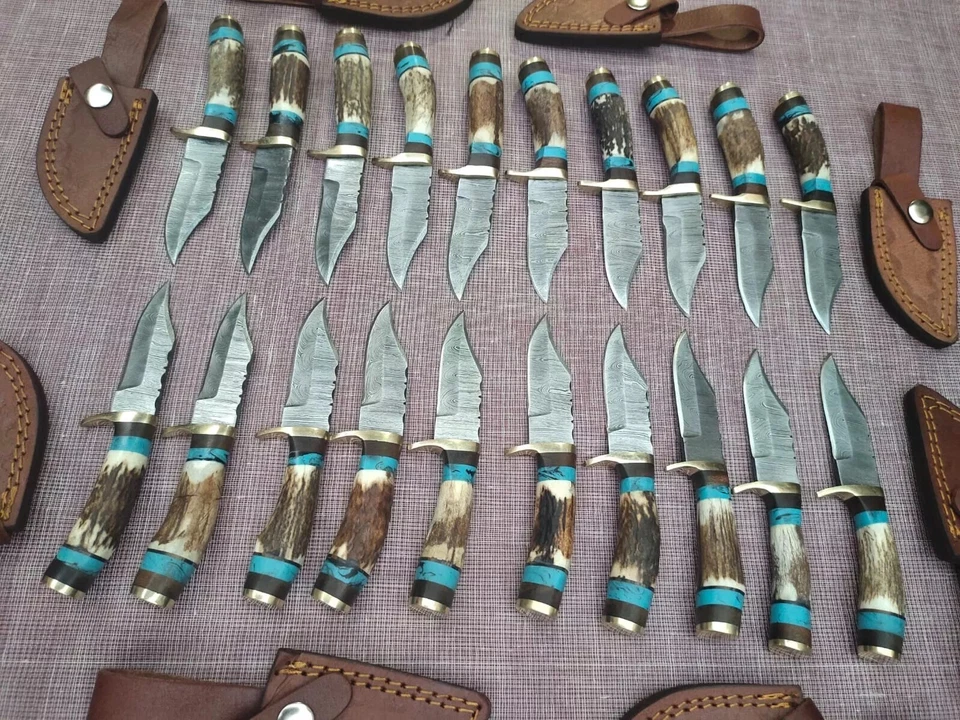 LOTE DE 20 PIEZAS, CUERNO DE CIERVO SKINNER DE 6 PULGADAS/MANGO DE RESINA ACERO DAMASCO CON FUNDA Foto 4 de 4