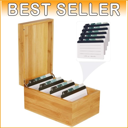Polished 4x6 Inch Bamboo Index Card Box with Magnetic Closure & Dividers