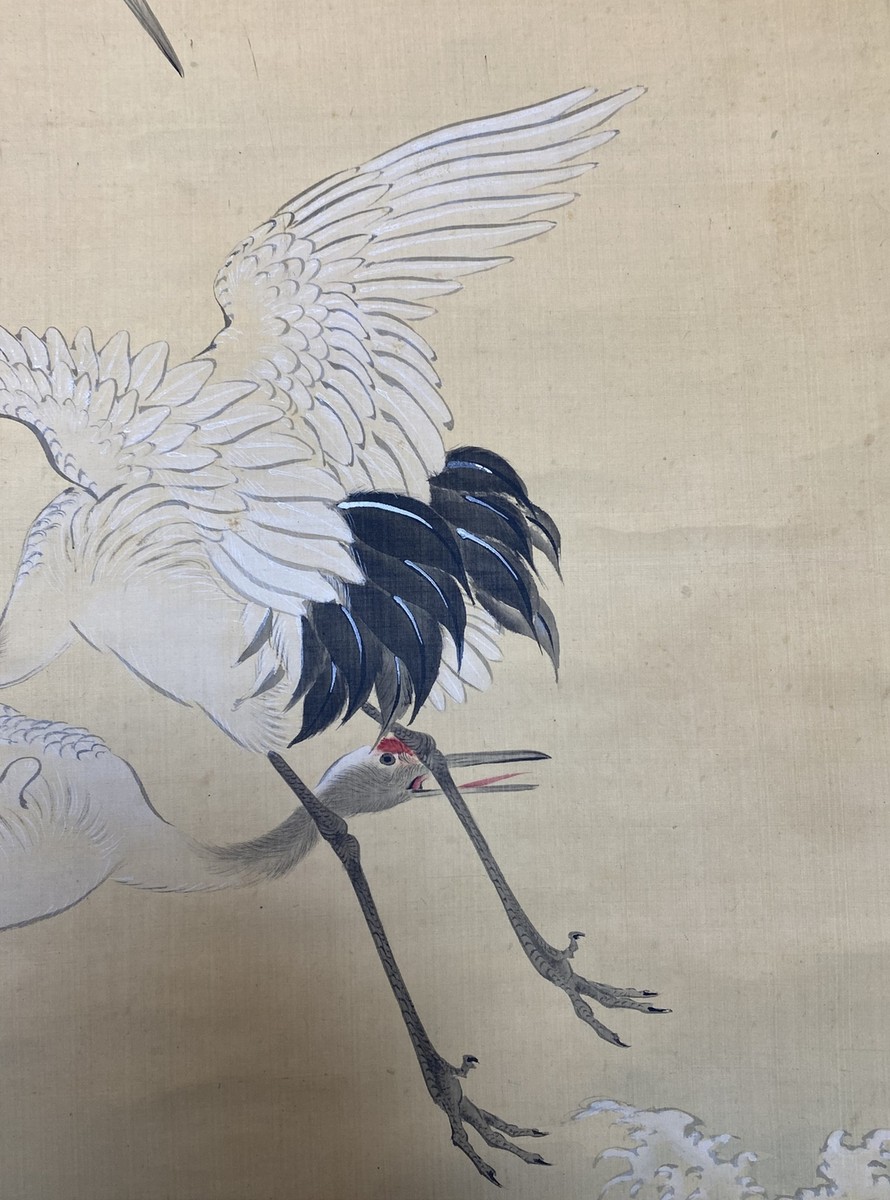 JAPANESE PAINTING HANGER SCROLL JAPAN Sea Wave ANTIQUE Crane f594