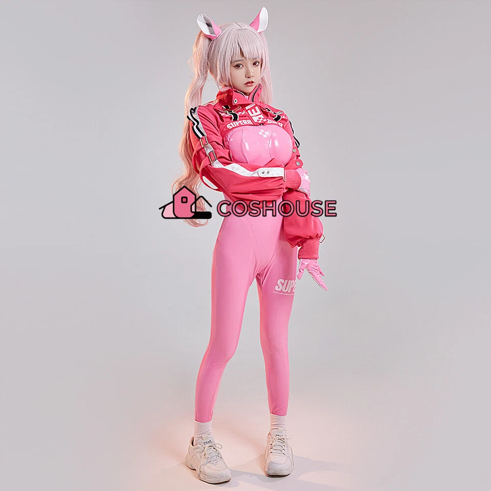 Women's Game Cosplay Costume Pink Bodysuit Set with Short Coat and Gloves - Image 3 of 4