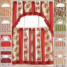 Kitchen Curtains 3 Pc. Set with Attached Valance Tier and Swag Set Red Brown
