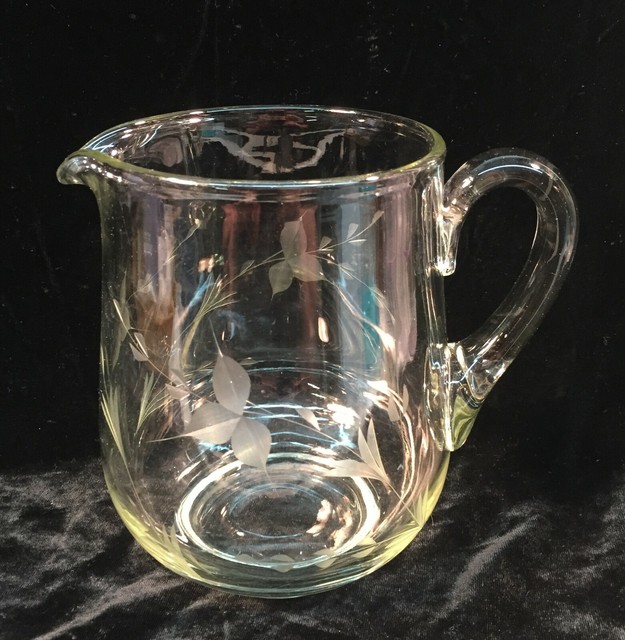 Clear Glass Pitcher w/Etched Flowers & Leaves eBay