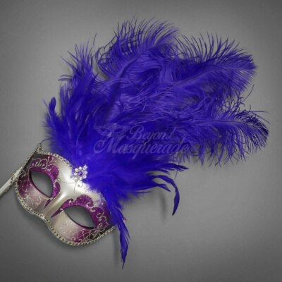 Handheld Stick Mask | Feather Masquerade Mask M6150 Purple