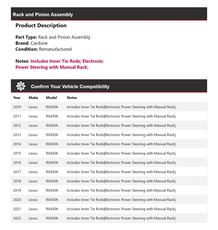 Conjunto de piñón y cremallera Cardone para Lexus RX450h 2010-2022 2011 2012 2013 2014 Foto 2 de 4