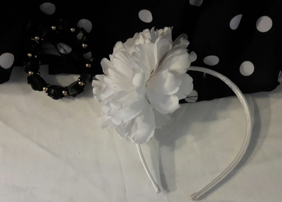 1950's Outfit Halter Sun Dress Black White Polka Dots Flower Hair Band Braclet - Image 3 of 4