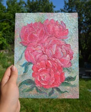 The picture is painted with oil paints "Peonies". Size 18*24 centimeters. Canvas