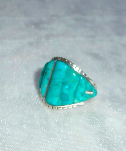 STUNNING ZUNI STYLE GENUINE TURQUOISE HANDCRAFTED INLAY 925 STERLING RING SZ 8 - Picture 3 of 6