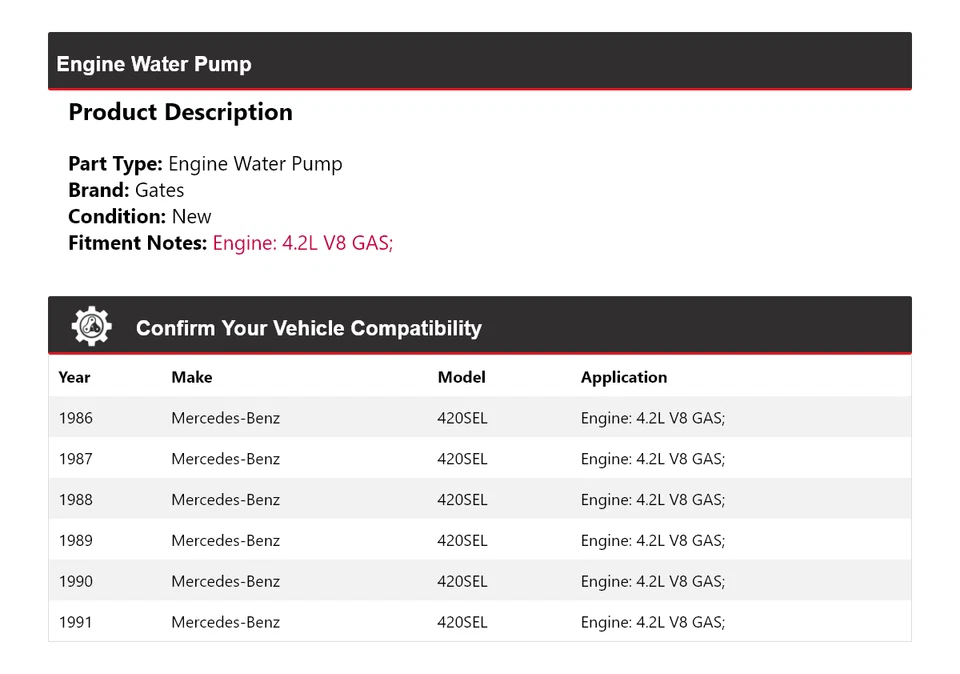 Ворота водяного насоса для газового двигателя Mercedes-Benz 420SEL 4,2 л V8 1986-1991 годов выпуска 1987 1988 годов выпуска - Изображение 2 из 4
