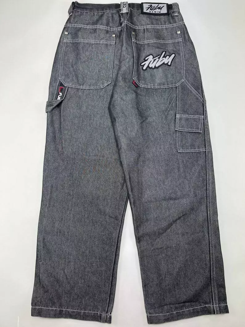 FUBU jeans, shiny black, vintage baggy, silver, metallic, 90s hip hop, size W 30