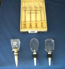 Monogram Letter "R" Lucite Wine Bottle Stoppers (3) Plus Set 4 Cocktail Forks