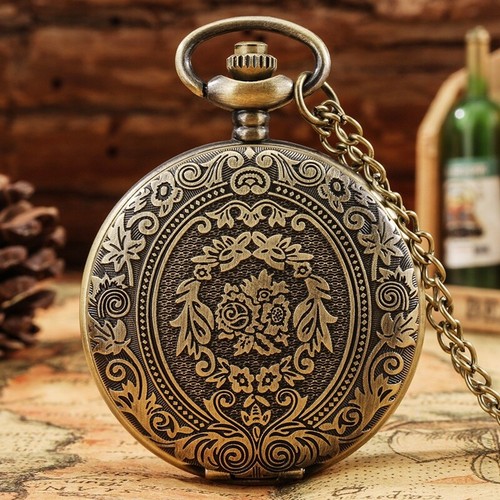 Engraved Flower Quartz Analog Pocket Watches Arabic Numerals Dial for Men Women - Afbeelding 1 van 17