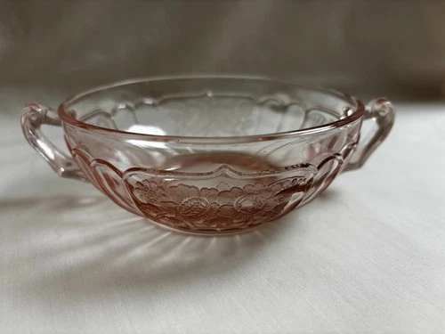 Anchor Hocking Pink Mayfair /Open Rose  5" Cream Soup Bowl w/Handles